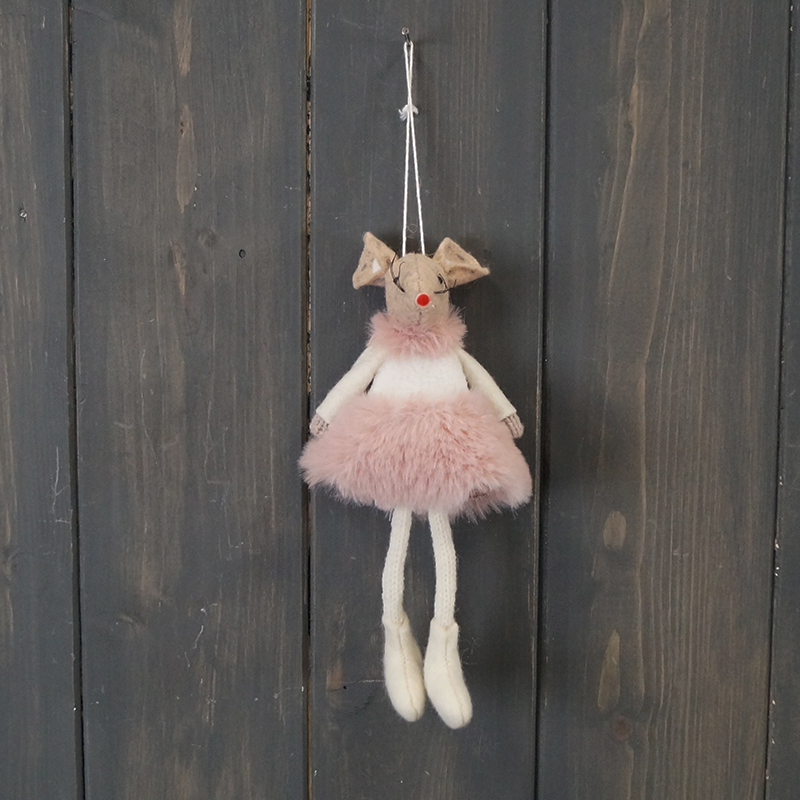 Pink Fabric Hanging Mouse with Skirt (15cm) detail page